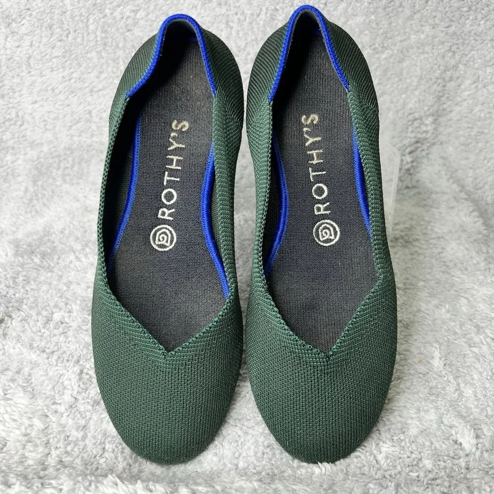 Rothys The Flat Round Toe Knit Ballet Flats Womens 7.5 Green Washable Slip On